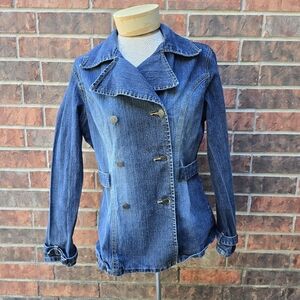 BCBG Max Azria Jean Jacket Womens Medium Belted Denim Double Breasted Peacoat
